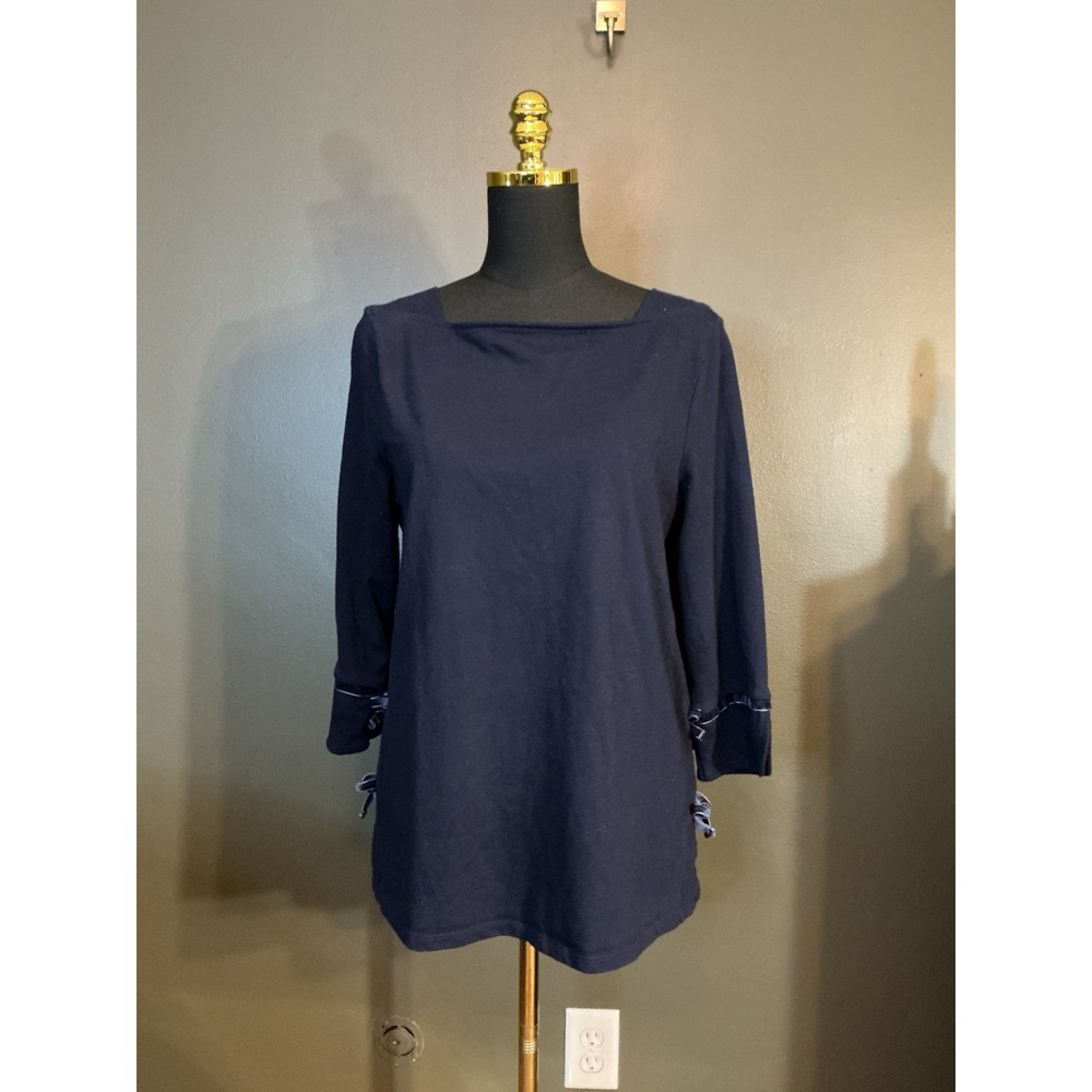 Talbots Navy Blue Side Bow Tie Tunic Blouse M Medium